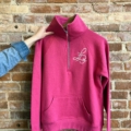 Le Bon Macaron custom embroidered hot pink sweatshirt available in Grand Rapids, Ann Arbor and Holland, Michigan.