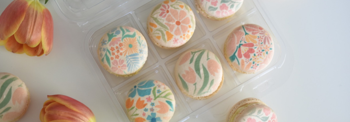 French macarons with custom printed flowers on them for mother's day