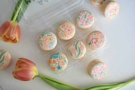 French macarons with custom printed flowers on them for mother's day