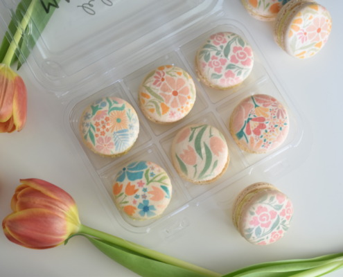 French macarons with custom printed flowers on them for mother's day