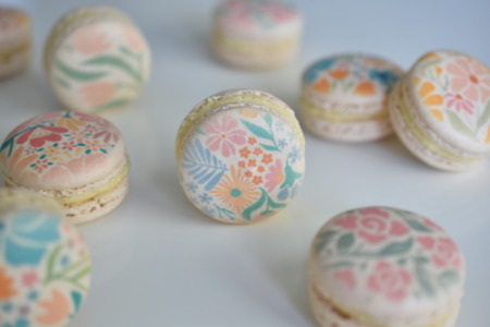 French macarons with custom printed flowers on them for mother's day