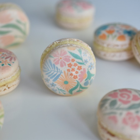 French macarons with custom printed flowers on them for mother's day