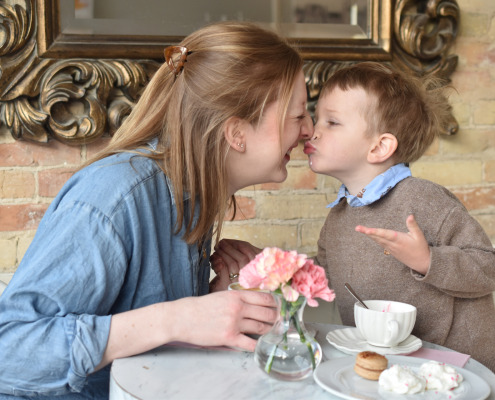 Mother and son spending time together at Le Bon Macaron in Grand Rapids Michigan
