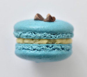 Chocolate chip cookie dough French macaron featuring blue macaron shells topped with chocolate chips, filled with a chocolate chip cookie dough infused buttercream.