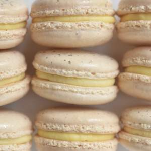 Champagne French macaron featuring cream macaron shells topped with silver and gold paint splatters. Filled with a champagne buttercream.